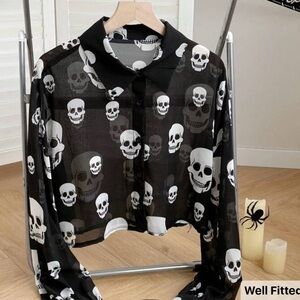 Black Skull Print Sheer Blouse
